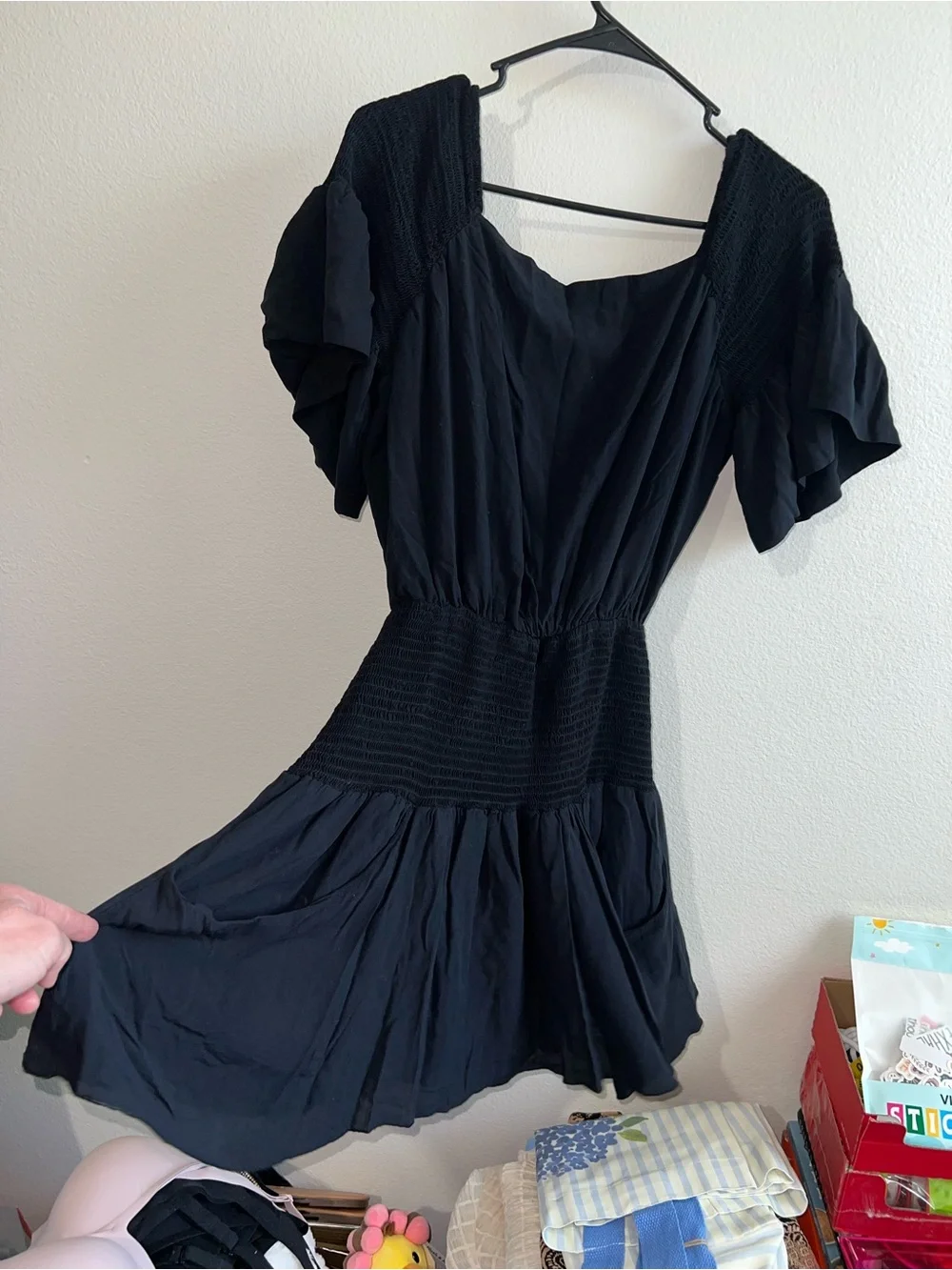 Free People Navy Blue Smocked-Waist Puff Sleeve Mini Dress